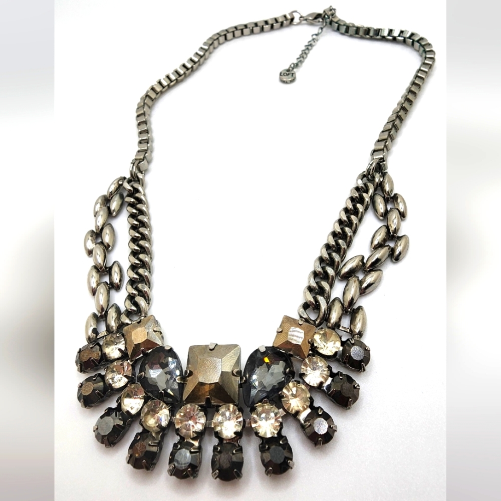 Ann Taylor Loft Silver-Tone Box Chain & Crystal Necklace